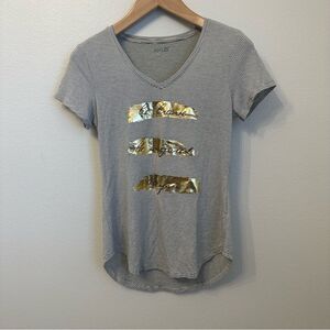 Apt. 9 Black and White Striped Graphic Tee with Gold Accents